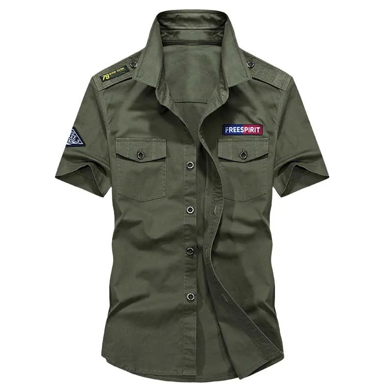 Summer Casual Shirt Short Sleeve Men Cotton Shirts Thin Military Army Style Male Clothes Plus