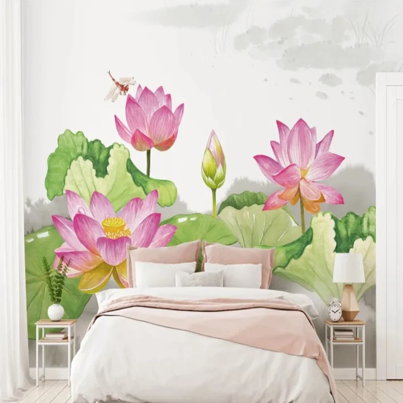 

Factory direct Nordic modern small fresh hand-painted lotus background wall paper mural