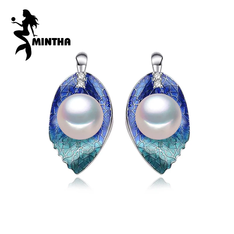 

MINTHA Cloisonne Pearl earrings Pearl jewelry Pearl leaf 925 Sterling Silver earrings geometric Bohemia stud earrings for love