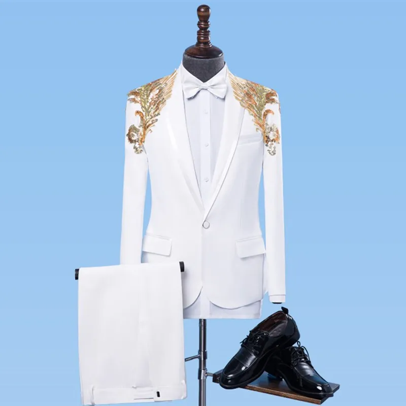 

Formal White Men's Suits Gold Sequins Slim Tuxedo Singer Stage Performance Costumes Wedding Party Prom Host Chorus Stage suit