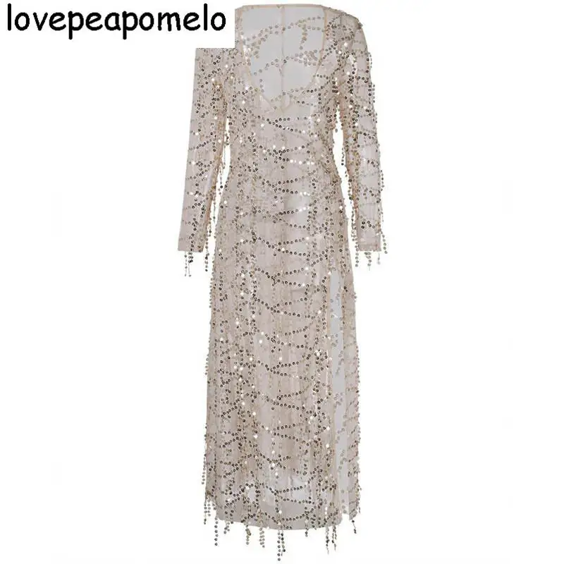 

2018 Summer New Women's Sexy Dress Sequins Tassels Beach Blouse Sexy Deep V Sequins Long-sleeved Female Dress D256