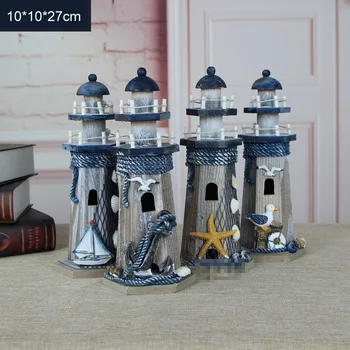 

Mediterranean Style Lighthouse Ornaments Wooden Home Decorations Solid Wood Handmade Creative Marine Furniture 27CM
