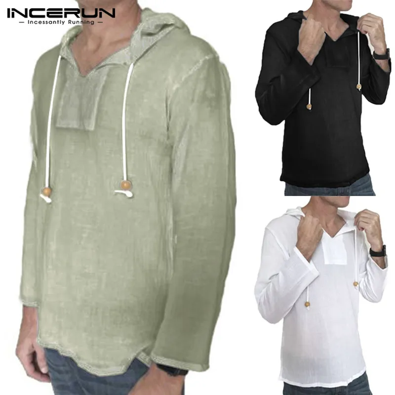 INCERUN عارضة الرجال قميص مقنعين طويلة الأكمام القطن الصلبة خمر قمصان الرجال الشارع الشهير قمم camisa الغمد S-3XL الخريف 2019