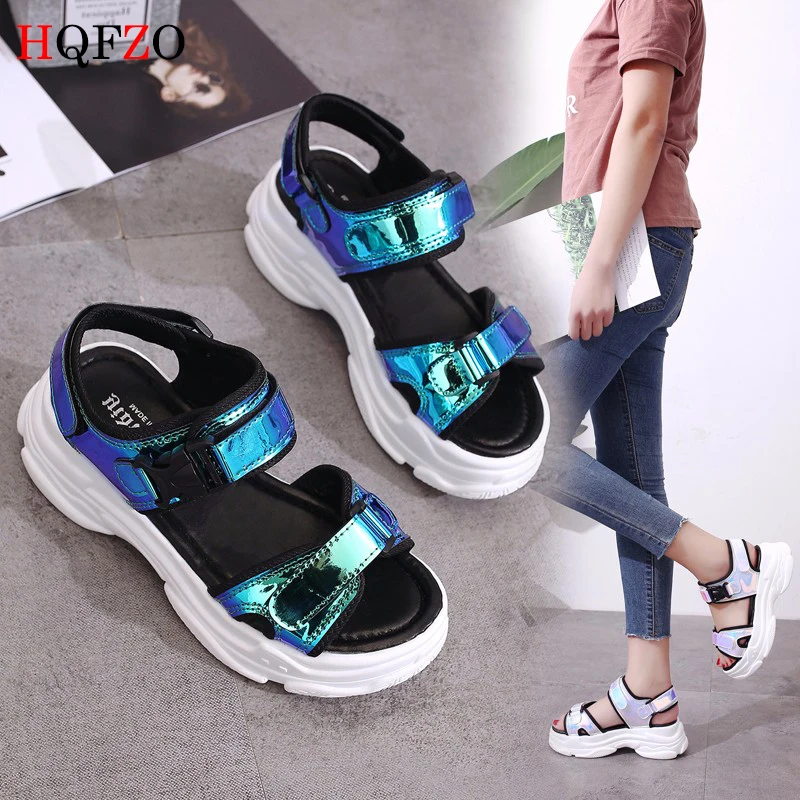 

HQFZO Bling Wedges Sandals Women Summer Casual Comfort Peep-toe Concise Platform Sequins Buckle Sneakers Sandalet Thick Bottom