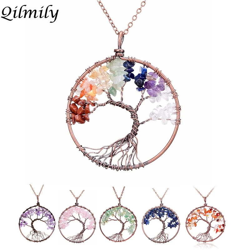 

Chakra Stone Necklace Natural Red Agate Citrine Rock Crystal Wisdom of Tree Necklace Healing Amulet Summer Jewelry