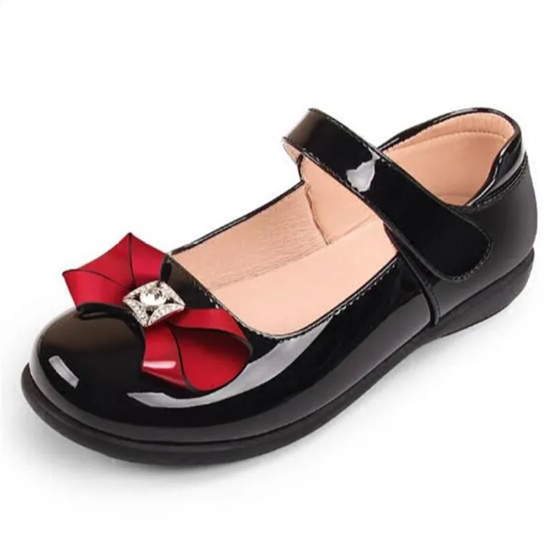 Для девочек кожаные туфли принцессы обувь черный Демисезонный платье для малышей обувь студент Дышащая обувь на плоской подошве детская обувь с бантами 04