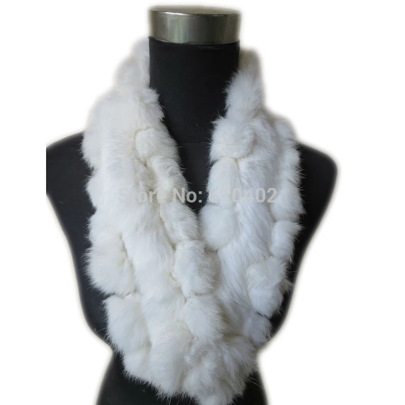 

Newest Women's Real Rabbit Fur Handmade Fishtail Scarf With Balls Neckerchief White