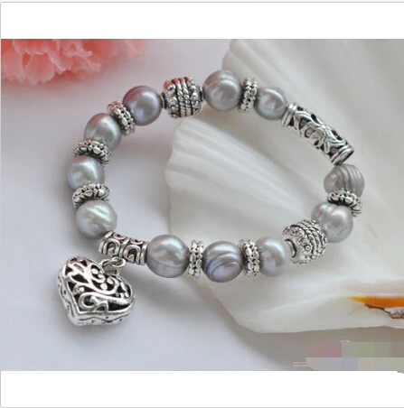 

P3856 stretch 8" 11mm gray round freshwater pearl bracelet @^Noble style Natural Fine jewe SHIPPING 5.25