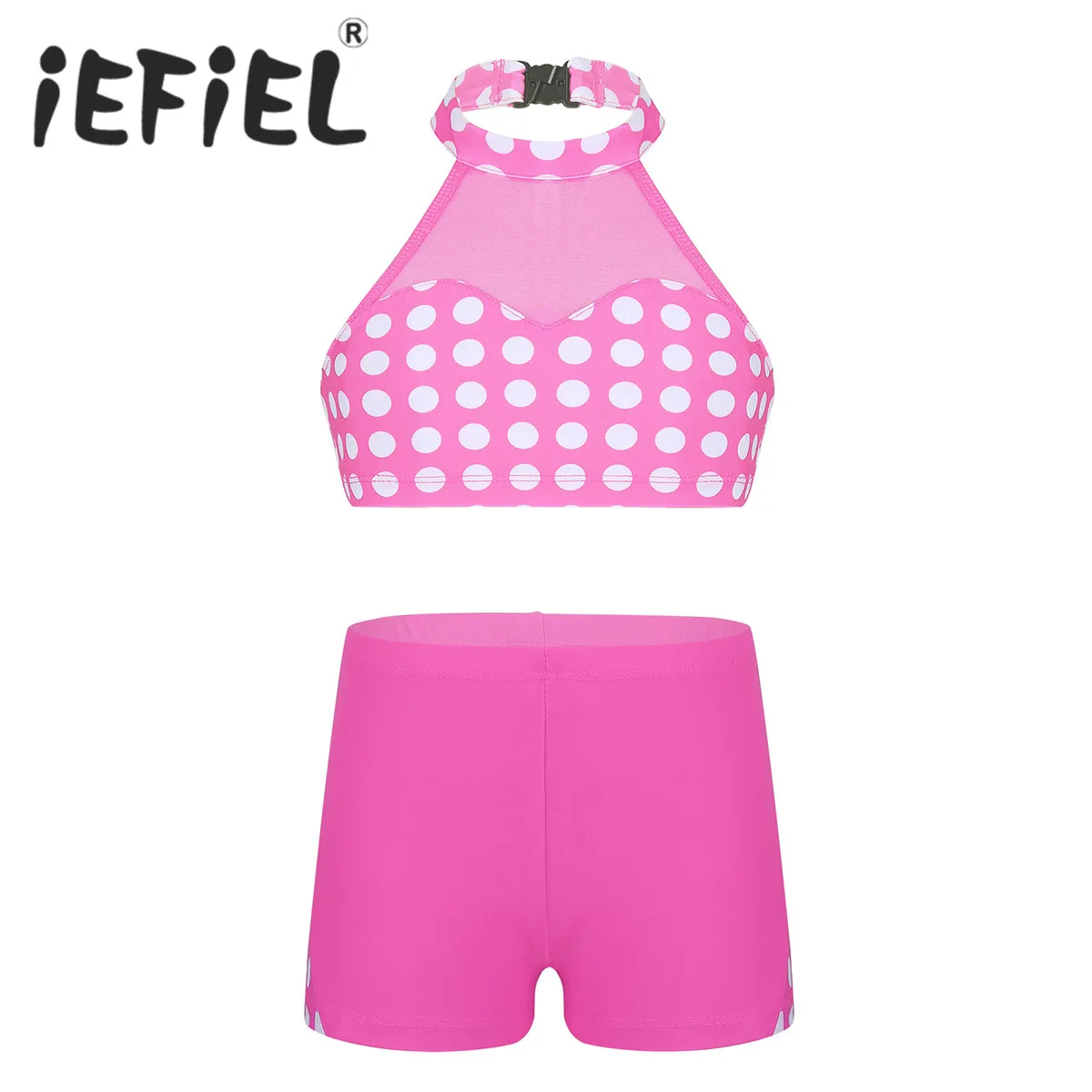 

Child Girls Halter Polka Dots Pattern Mesh Splice Crop Top with Shorts for Gymnastics Leotard Dancing Exercise Workout Outfits