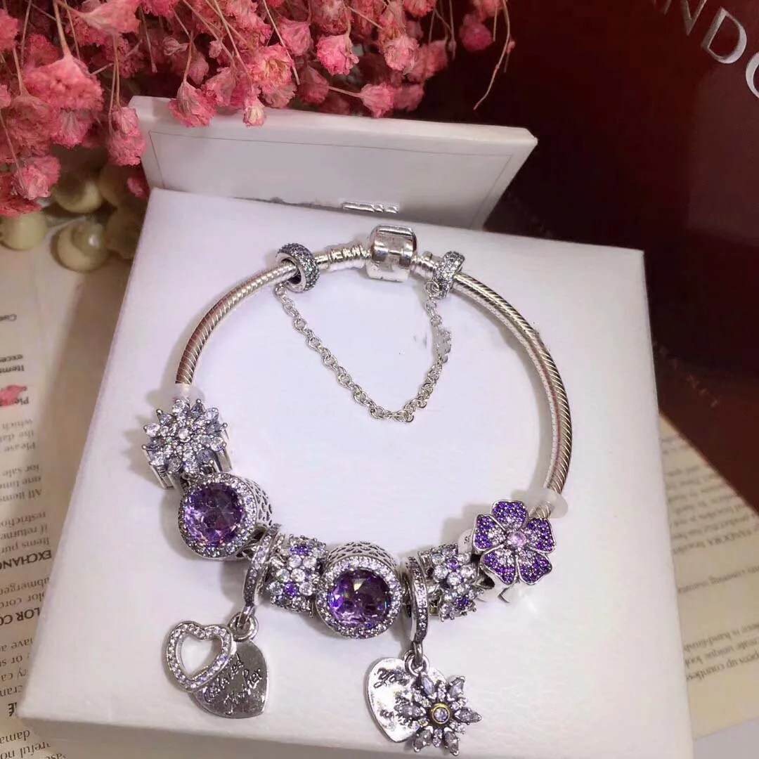 

Fits Jewelry Charm DIY Ladies Sterling Silver 925 Daisy Flower Field Love Accessories Beads Purple Finished Bracelet