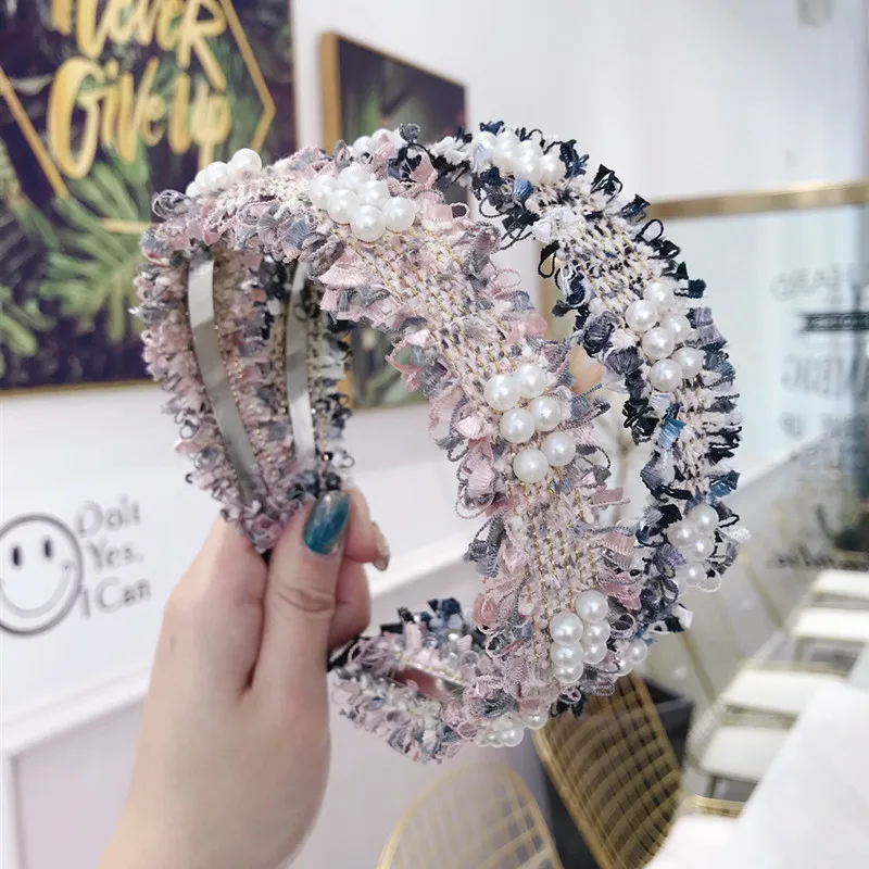 

2019 New korea Plaid Pearl Hairbands Hair Accessories For Girls Hair Band Hair Bows Flower Crown Headbands For Women