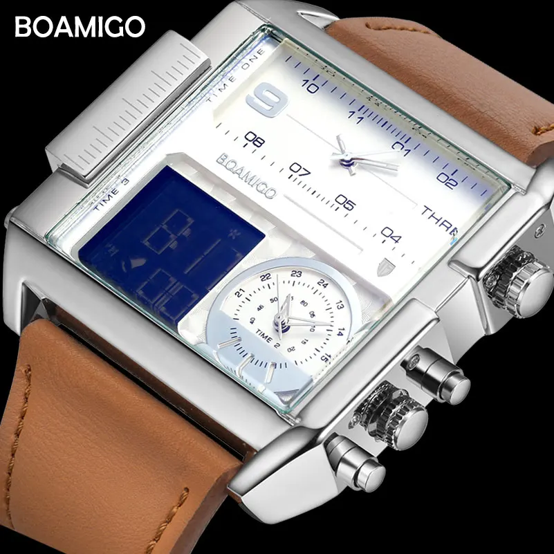 Baratos Dropshipping BOAMIGO marca hombre 3 huso horario reloj Hombre Deporte digital cuero marrón militar reloj de cuarzo reloj masculino