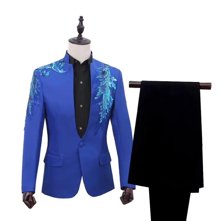 Мужской костюм с блестками сине красный блейзер вышивкой|stage jacket|red dress jacketdress jacket |