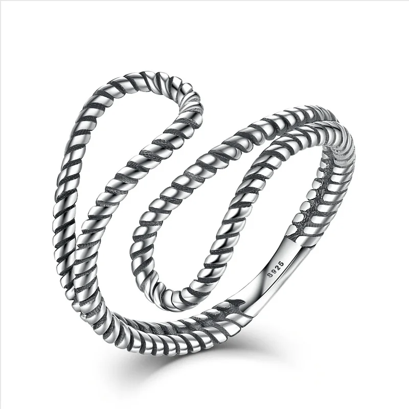 

2019 Sterling Silver 925 minimalist Rope Winding Simple Stylish Cuff Open Adjustable Ring Woman Fine Jewelry Gift VSR041