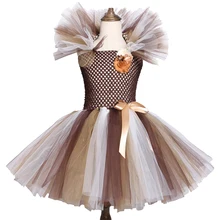 Платье-пачка с изображением гривы дикого льва; цвет коричневый; платье для дня рождения с цветами для девочек; детское платье для костюмированной вечеринки на Хэллоуин; костюмы с животными; От 2 до 12 лет