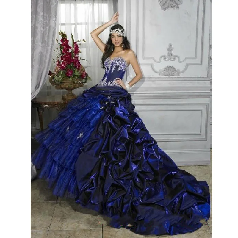 Королевский синий бальное платье без бретелек Quinceanera серебристый бисер длинный шлейф атлас бальные платья - Цвет: same as pic