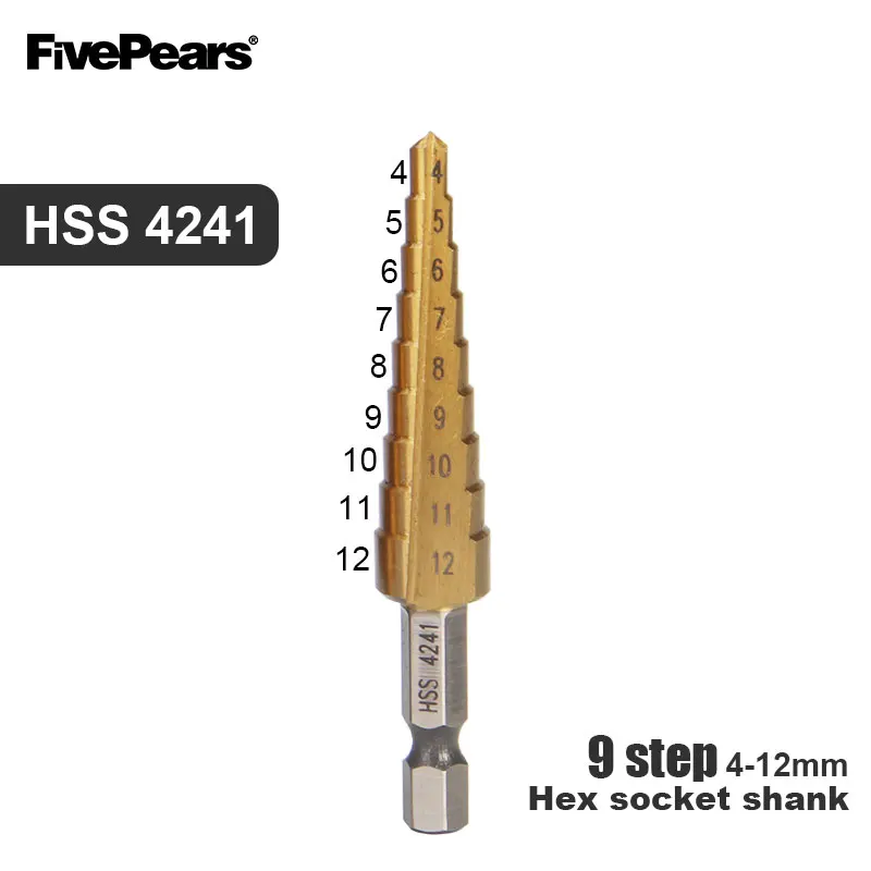 FIVEPEARS сверлильный инструмент отверстие резак высокая скорость Пагода форма Шаг сверло набор дерево металл центр - Цвет: HSS4241(4-12)9step