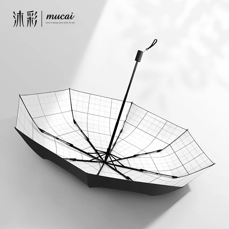 Mucai Rain Umbrella Men Women Plaid Style Windproof 8K Three Folding