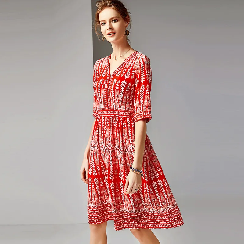 

Summer Silk Dress 2019 Women's New V-Neck Half Sleeves 100% Silk Printed Slim A-Line Elegant Dress Knee Length S-XL