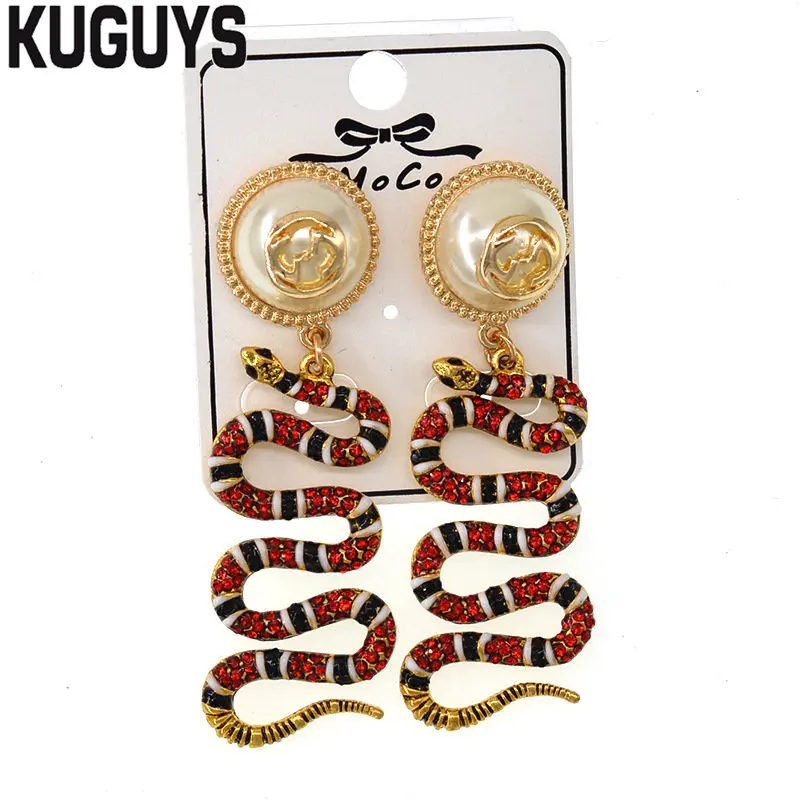 Brincos para as Mulheres na Moda Jóias do Vintage Acessórios de Festa Kuguys Hyperbole Cristais Vermelhos Cobra Borla Gota Pérolas Grande Brinco