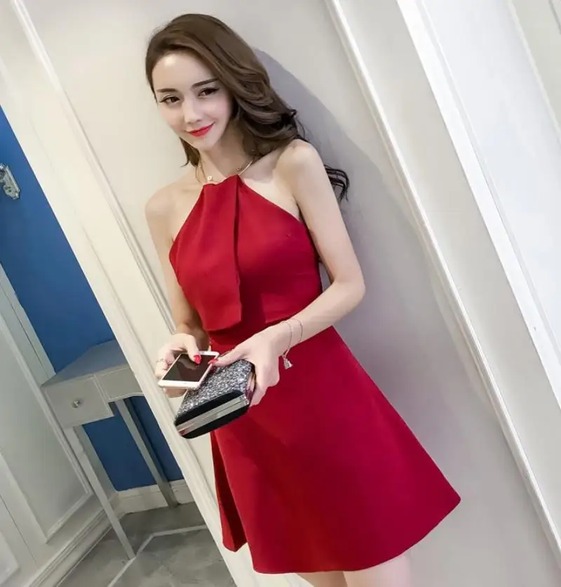 Summer new sexy back dress  metal ring hanging neck slim Asleeveless skirt 2018 Free Shipping