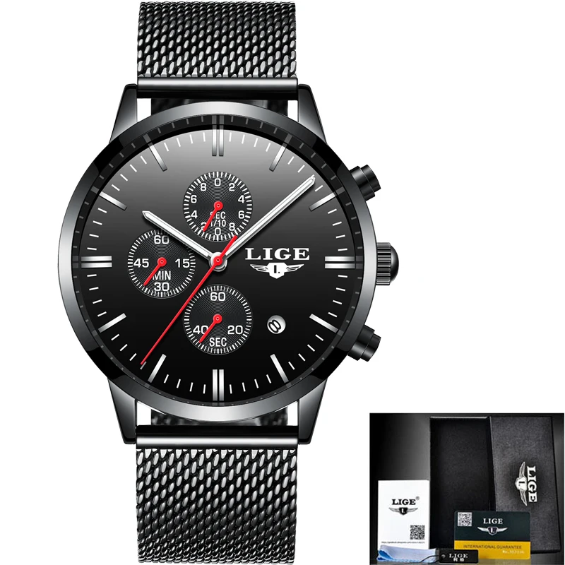 LIGE Luxury Brand Casual Watches Men Simple Business Quartz Watch Man Mesh Strap Date Fashion Black Male Clock Relogio Masculino