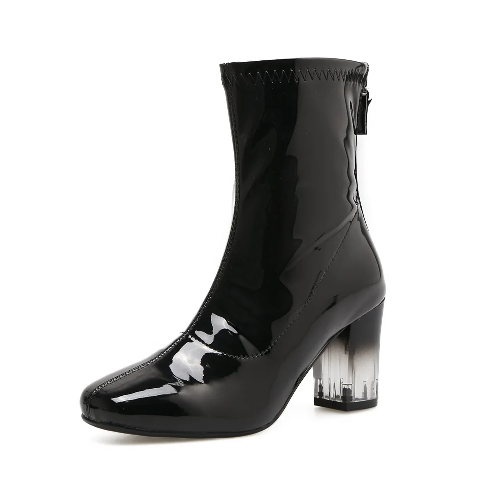 

2018 autumn and winter new transparent crystal with thick with high-heeled fashion wild women's booties black ljj 1121