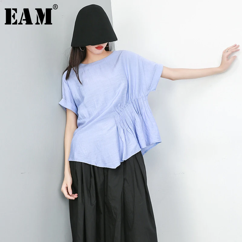 

[EAM] 2019 New Spring Summer Round Neck Short Sleeve Black Irregular Pleated Split Joint Big Size T-shirt Women Fashion JU655