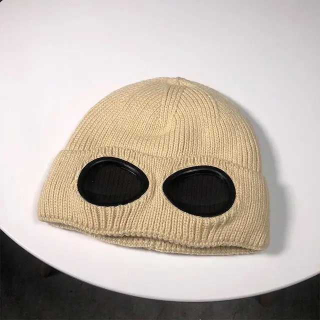 Women Men Double-use Thickened Hats Winter Warm Knitted Beanies Outdoor Ski Cap Sunglasses Accessories Adult Cap - Цвет: beige