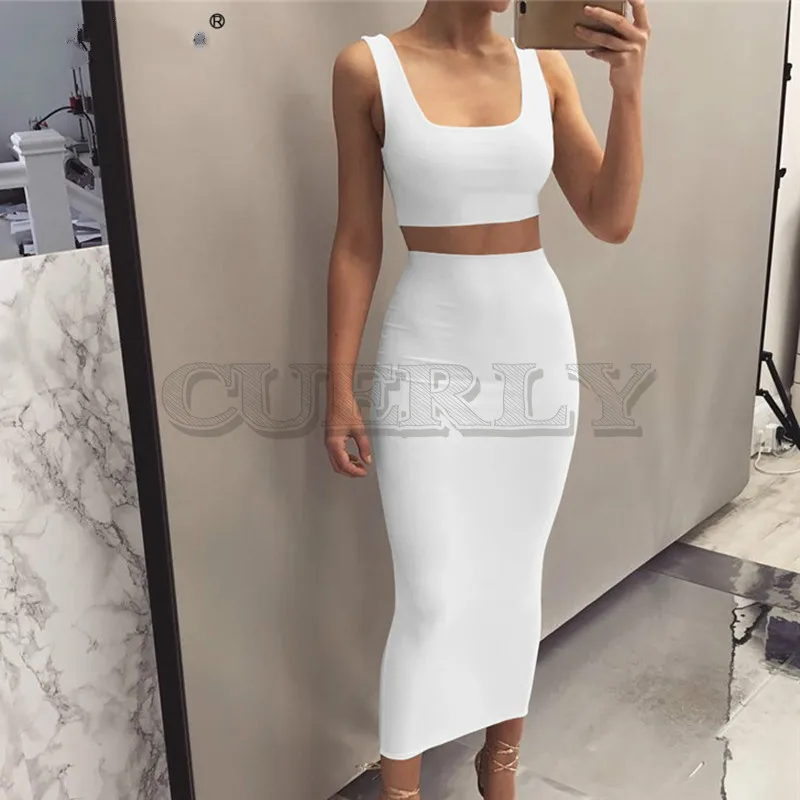 Image CUERLY Autumn Sleeveless Sexy Two Piece Set Dress Women Square Collar High Waist Long Dress Party Casual Summer Tank Dress