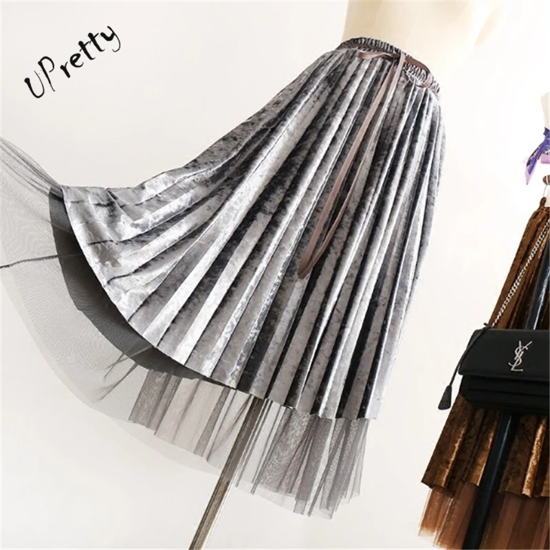Весенне-осенняя Женская плиссированная юбка из искусственного бархата с высокой талией Повседневная элегантная сетчатая Юбка-миди со шнуровкой 112