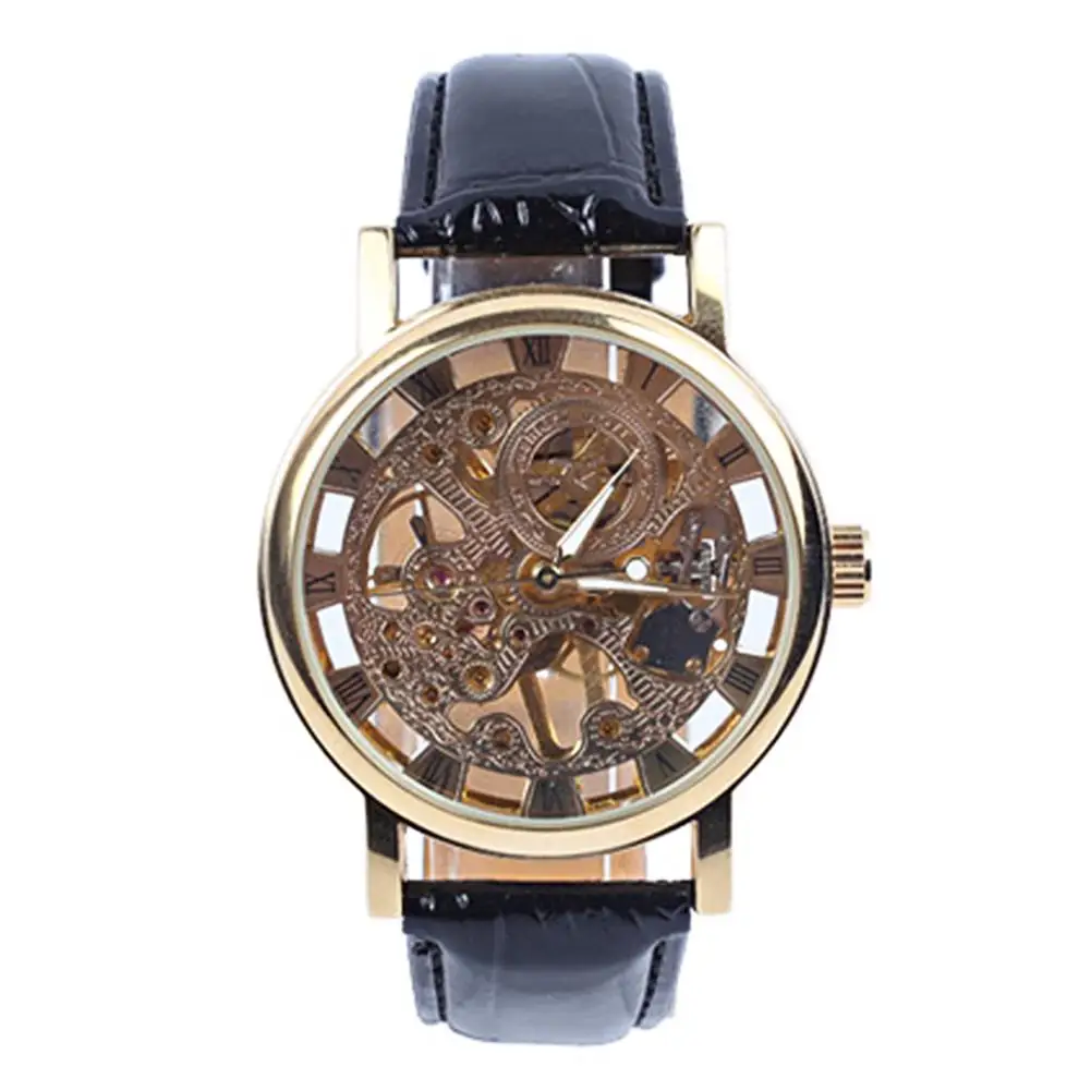 

2018 New Popular Men Fashion Luxury Hollow Skeleton Round Dial Faux Leather Strap Wrist Watch