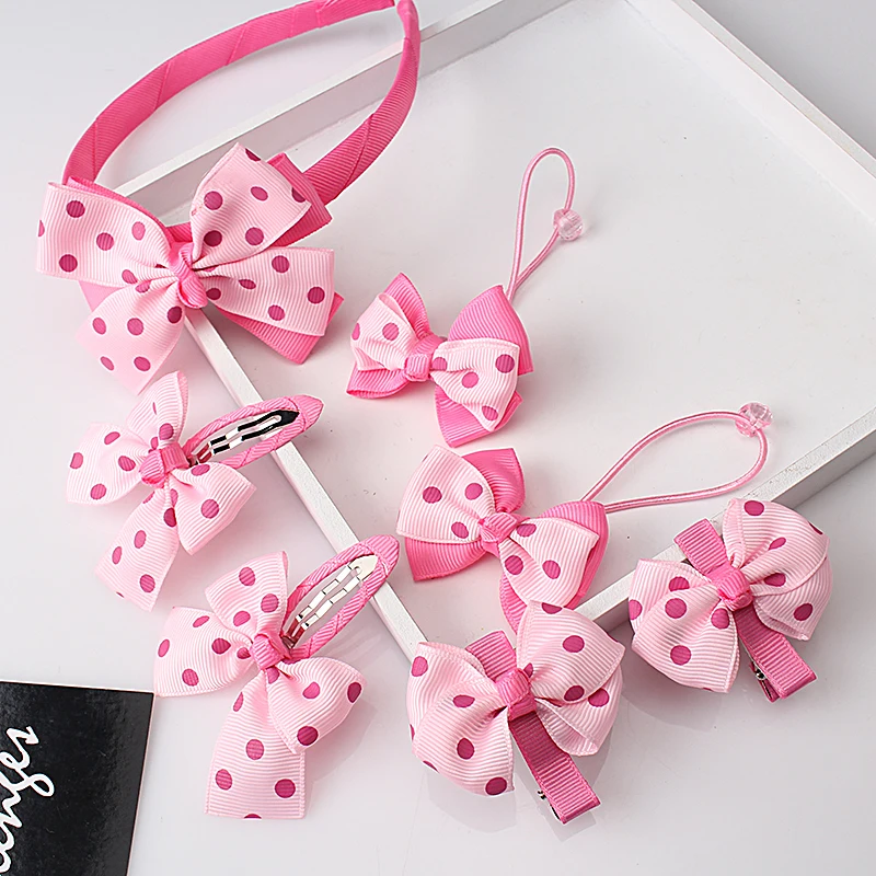 

M MISM 1 Set=7pcs Lovely Hairpins Bow-knot Hair Bands with Dot Rubber Bands Candy Color Bow Gum for Hair Girls Hair Accessories