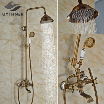 

Newly Antique Brass Bthroom Shower Set Faucet w/ Handheld Shower Wall Mount Shower Mixer Tap Faucet Dual Handles