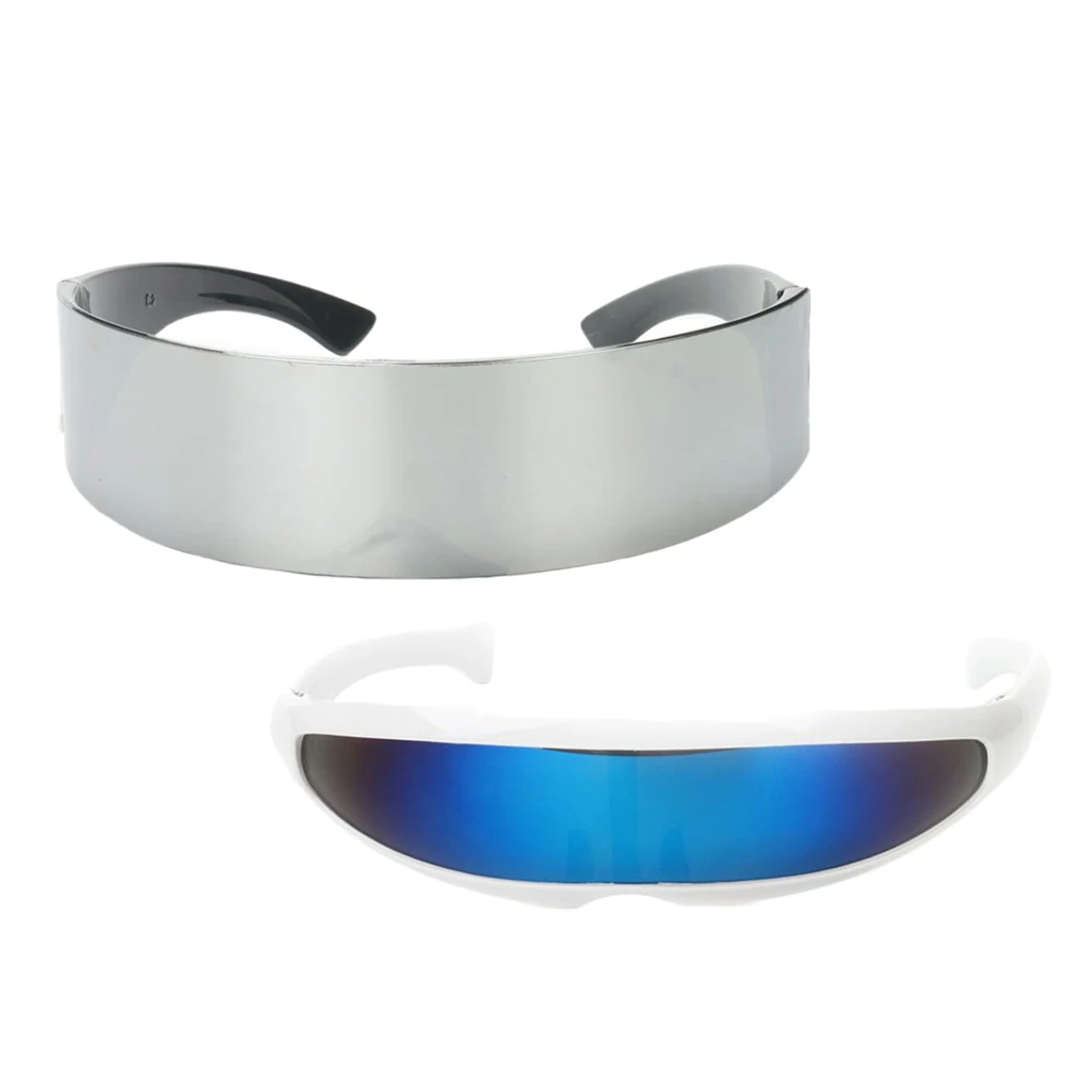 2 Pieces Fashion Narrow Blue Metallic Silver Outer Space Robot Alien Eyeglasses Shade Eyewear Future Soldier Sunglasses