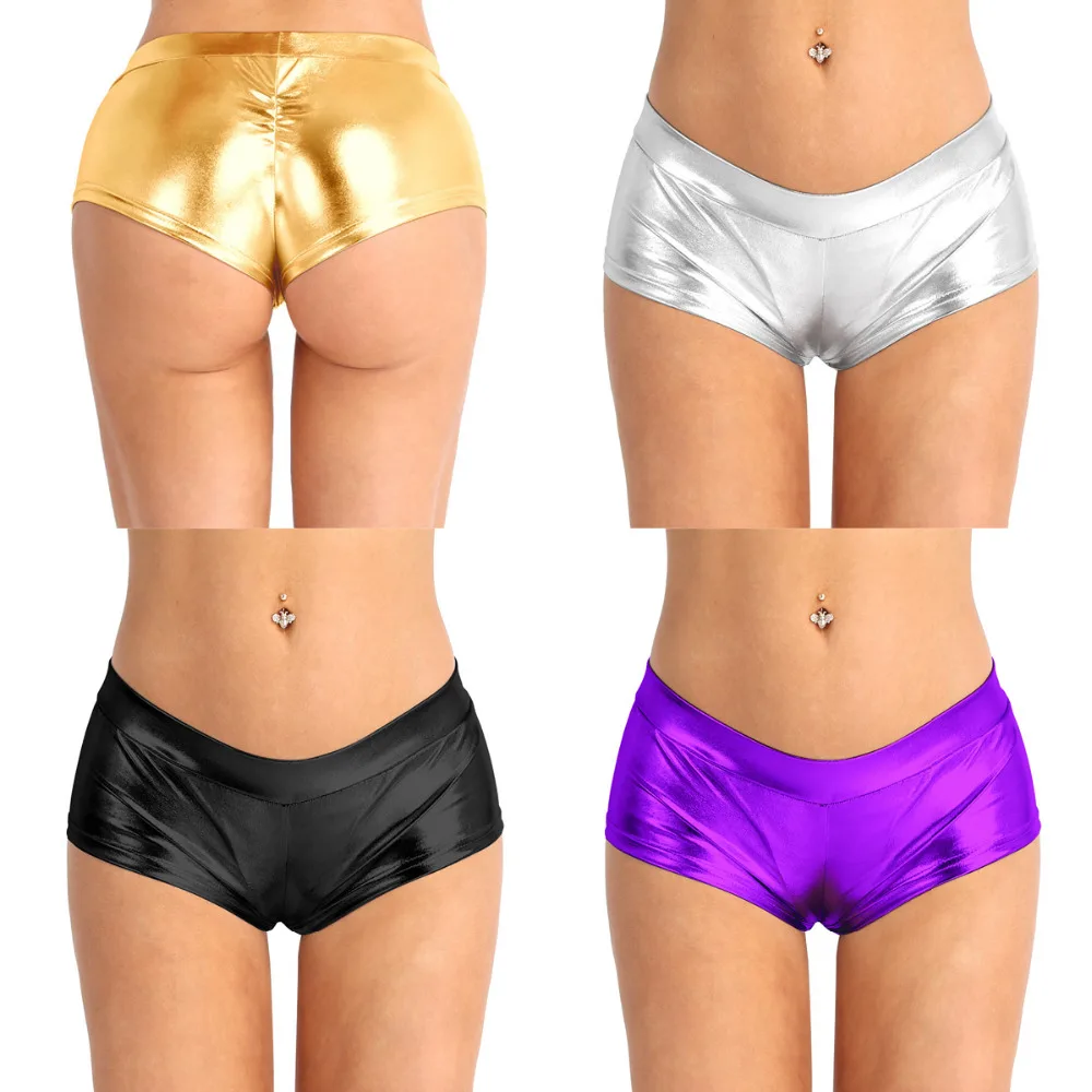 iiniim Adult Women Fashion Sexy Night Club Shorts Shiny Faux Leather Low Waist Hot Shorts for Dancing Raves Festivals Costumes