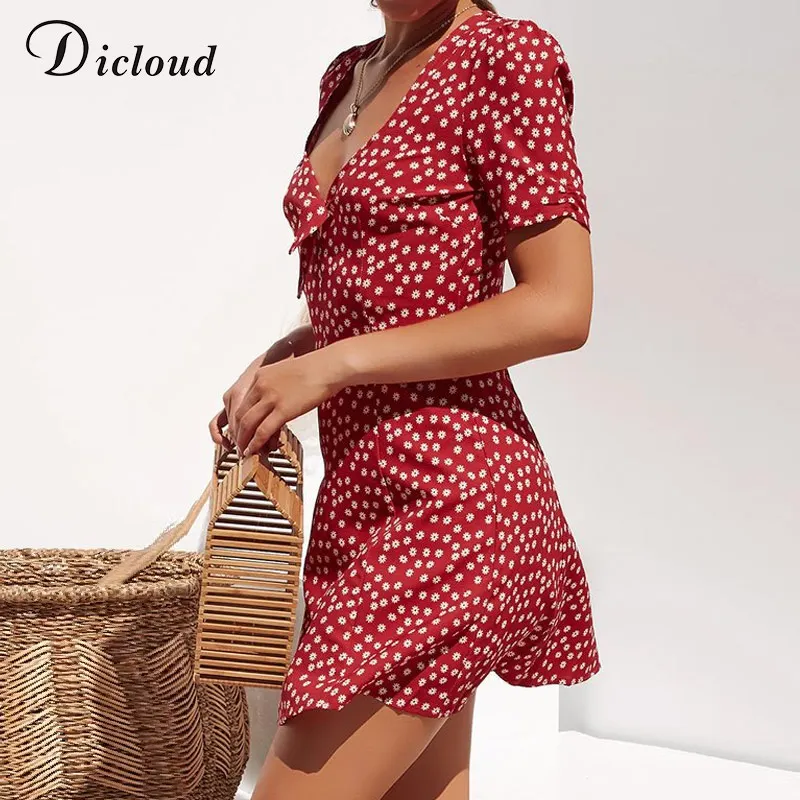 

DICLOUD V Neck Sexy Polka Dot Short Sleeve Summer Dresses Women Elegant Beach Sundress Party Wrap Bodycon Casual Streetwear