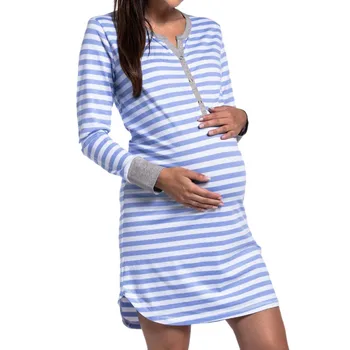 

DHL 20pcs Women's Long Sleeve Button Nursing Nightie Stripes Maternity Breastfeeding Dress