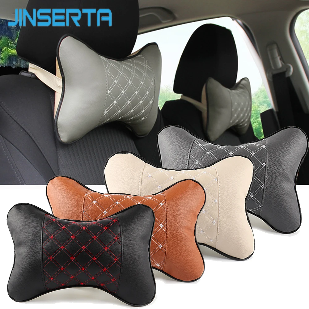 

JINSERTA Four Seasons PU Leather Car Headrest Pillow Breathable Long Trip Travel Neck Rest Pillow Auto Universal Car Accessories