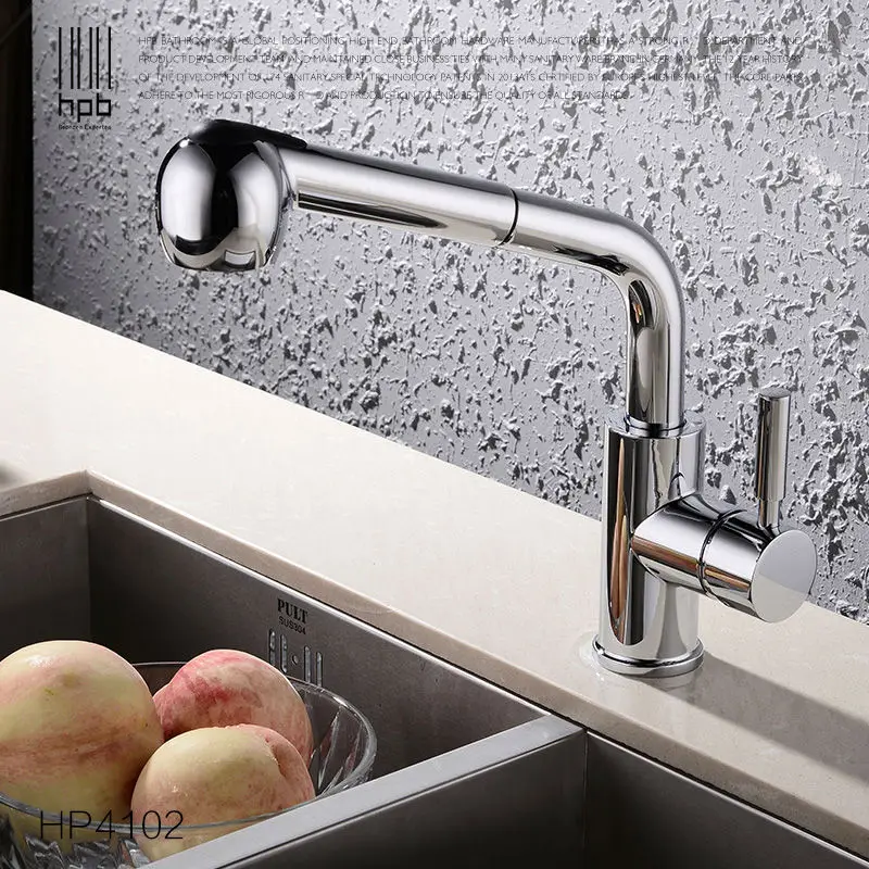 HPB Pull out Spray Kitchen Chrome Brass Swivel Faucet Spout Sink Mixer Tap Deck Mounted Hot And Cold Water Single Hole HP4102