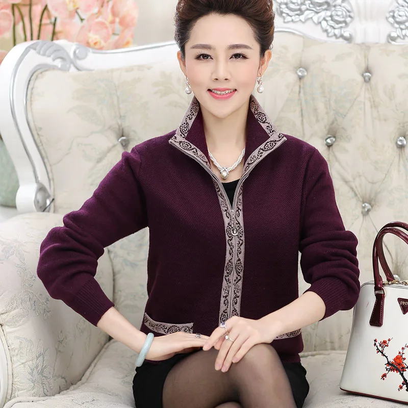 

Middle Aged Women Cardigan 2017 Autumn Long Sleeve Print Knited Sweater Loose Ladies Coat Slim Elegant Outerwear Plus Size Y445