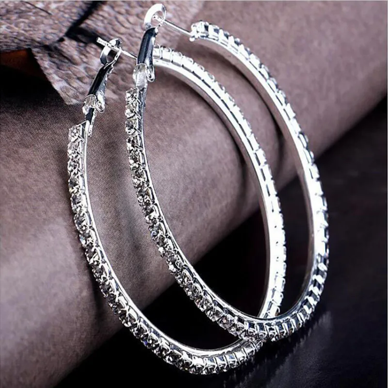 

2019 Silver Color High Polished Hoop Earrings Paved with AAA Austrian Cubic Zirconia for Wedding Party Jewelry