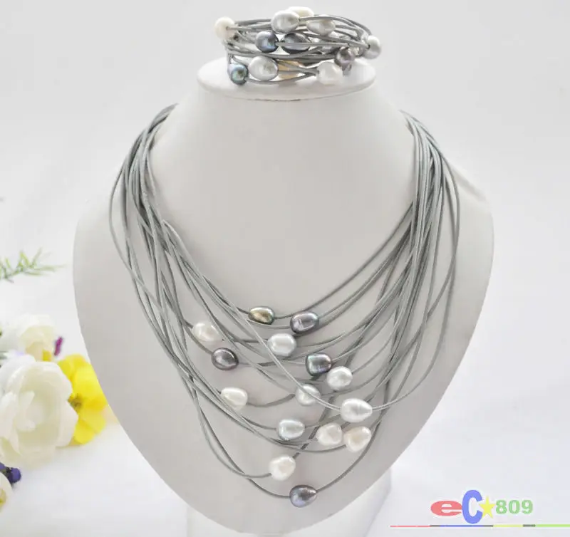 

wholesale 15row 13mm black white gray rice pearl gray leather necklace & bracelet 5.31