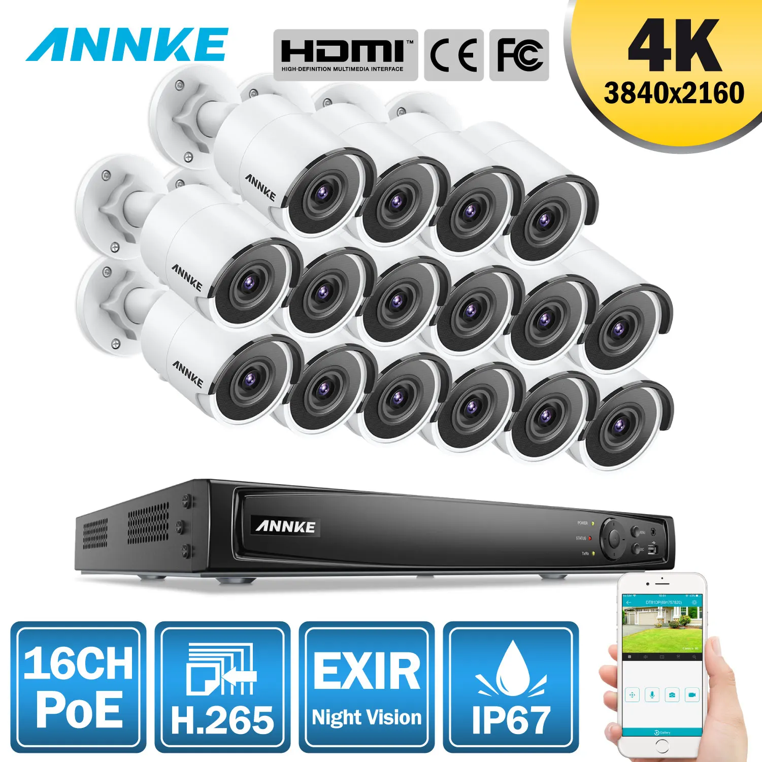 ANNKE 16CH сверхвысокой четкости 4K Ultra HD POE сетевой видеорегистратор безопасности Системы 8MP H.265 NVR с 16X8 Мп возможностью погружения на глубину до 30 м EXIR Ночное видение всепогодный IP Камера