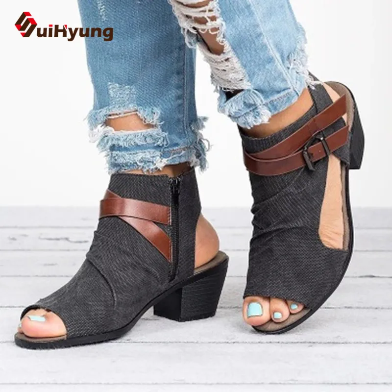 Suihyung/ г.; новые летние женские босоножки; большие размеры 34-43; модные босоножки с широко открытым носком на массивном каблуке; удобная повседневная женская обувь - Цвет: Черный