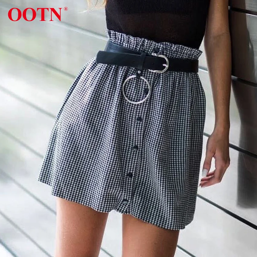 

OOTN Plaid Skirt Women High Waist Mini Skirt Summer Female Short Skirts Ruffle Sexy Frill Button Down Casual 2018 Party Clubwear