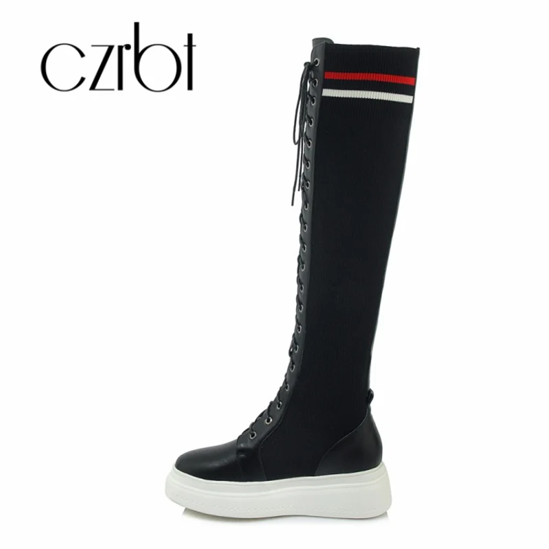 

CZRBT 2018 hot new women's shoes European style knee boots knitted stretch fashionable slimming warm non-slip women's boots