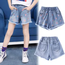 Новое поступление, джинсовые шорты для больших девочек брендовые Детские короткие джинсы с принтом в виде сердца летние прямые шорты для детей возрастом От 5 до 14 лет