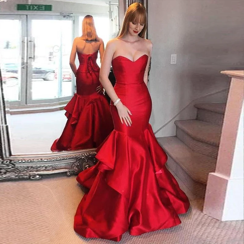

Simple Red Mermaid Evening Gowns Sweetheart Ruffles Satin Floor Length Bandage Long Women Prom Party Dresses