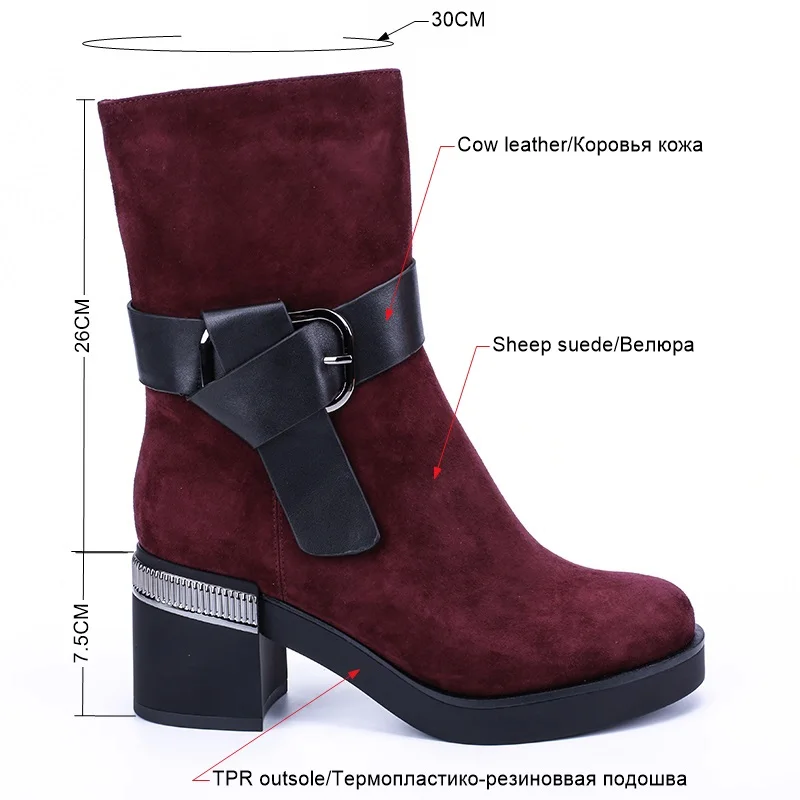 BELISS 2018 fashion winter boots women mid calf genuine leather round toe snow boots ladies high heels buckle  (1 (5)